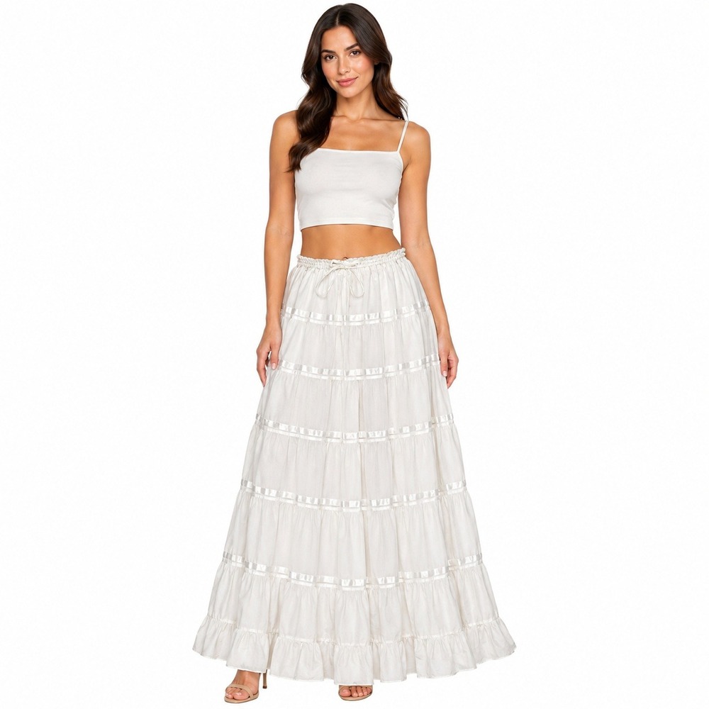 Advance Apparel Maxi Skirt Women Free Size White Cotton Tiered Ribbon Boho Lined